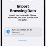 The Import Browsing Data screen, showing the CSV file of passwords from another password manager to be imported.