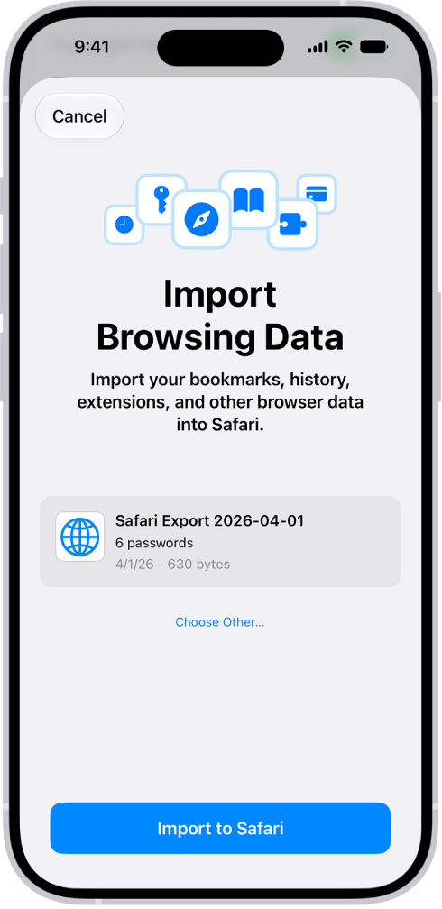 The Import Browsing Data screen, showing the CSV file of passwords from another password manager to be imported.