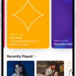 The Home tab in the Music app showing Top Picks at the top. You can swipe left or right to view more music chosen just for you. Recently Played appears below.
