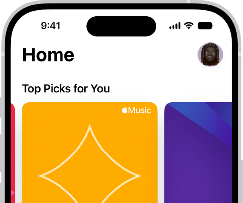 The Home tab in the Music app showing Top Picks at the top. You can swipe left or right to view more music chosen just for you. Recently Played appears below.
