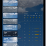 The Weather screen showing the sidebar on the left side of the screen. In the sidebar is a list of cities showing the current time, temperature, forecast, and high and low temperatures. At the top of the list, My Location is selected and on the right side of the screen are the weather forecast and conditions for that location.