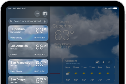 The Weather screen showing the sidebar on the left side of the screen. In the sidebar is a list of cities showing the current time, temperature, forecast, and high and low temperatures. At the top of the list, My Location is selected and on the right side of the screen are the weather forecast and conditions for that location.