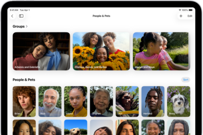 The People & Pets screen in the Photos app. There is a row of groups at the top of the screen, with individual people and pets below.