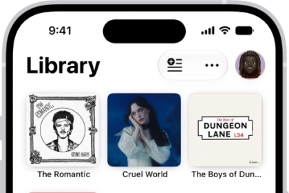 The Library tab showing a list of categories including Playlists, Artists, Albums, Songs, and Downloaded. The Recently Added heading appears below the list. The MiniPlayer showing the title of the current song and the Pause and Next buttons appear near the bottom.
