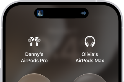 The volume screen in Control Center showing the volume level for two pairs of AirPods. Below the volume indicator on the left is the Listening Mode button, indicating that Transparency mode is on. Below the volume indicator on the right is the Listening Mode button, indicating that Transparency mode is on.