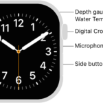 The front of Apple Watch Series 12, with the display showing the watch face, and the Digital Crown, microphone, and side button from top to bottom on the side of the watch.