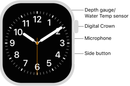 The front of Apple Watch Series 12, with the display showing the watch face, and the Digital Crown, microphone, and side button from top to bottom on the side of the watch.