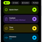 The Fitness Workout screen showing details for an Outdoor Run workout. Below Outdoor Run are options to choose media and set up Workout Buddy. In the center, from top to bottom, are options to start a workout, a custom workout, a pacer workout, and workouts with distance and calorie goals.