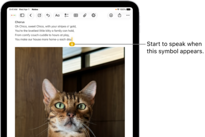 The onscreen keyboard is open in the Notes app. The Dictation button at the bottom of the keyboard is selected and the Dictation button appears below the insertion point in the text field.