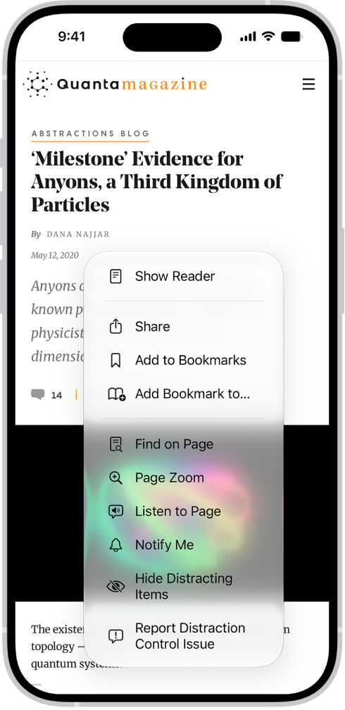 In Safari, the Page Menu button on a website has been tapped, revealing options including Hide Distracting Items.