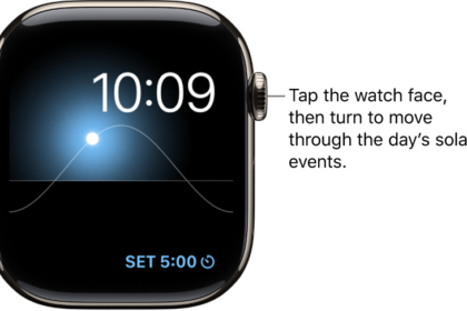 The Solar Graph watch face displays the day, date, and current time, which can't be modified. A Timer complication appears at the bottom right. Tap the watch face, then turn the Digital Crown to move the sun in the sky to dusk, dawn, zenith, sunset, and darkness.