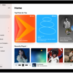 The Home tab in the Music app showing the sidebar on the left and the Home section at the right. The Home tab shows Top Picks at the top. Recently Played music appears below, showing four album covers. The MiniPlayer is at the bottom.