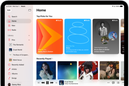 The Home tab in the Music app showing the sidebar on the left and the Home section at the right. The Home tab shows Top Picks at the top. Recently Played music appears below, showing four album covers. The MiniPlayer is at the bottom.