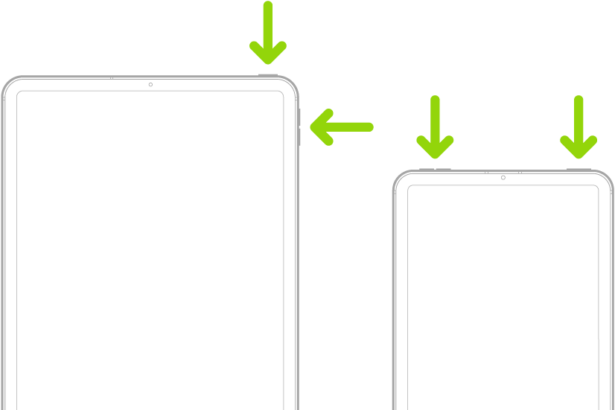 Two iPad models, each with a top button. One model has volume buttons on the side; the other has volume buttons at the top.
