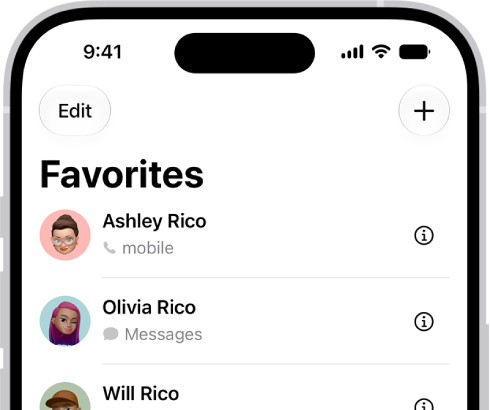 The Favorites screen in the Contacts app; six contacts are listed as favorites.
