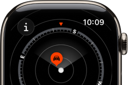 The Compass app showing a waypoint within a dial. The Info button is at the top left, the Waypoints button is at the bottom left, the Elevation button is at the middle bottom, and the Backtrack button is at the bottom right.