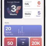 A screen in the Journal app showing the current streak and metrics like number of words written.