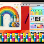 An iPad with the Freeform app open to the Content Hub in Apple Creator Studio. Premium and generated images are placed on the board.