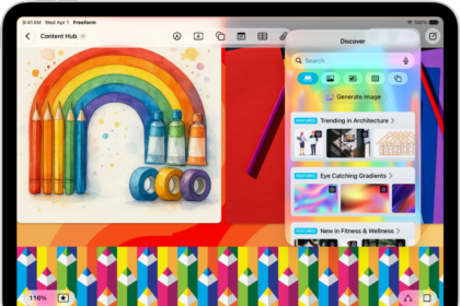 An iPad with the Freeform app open to the Content Hub in Apple Creator Studio. Premium and generated images are placed on the board.