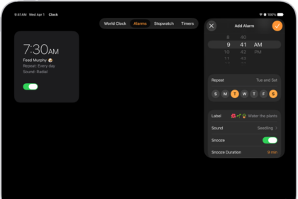 The Alarms tab in the Clock app, with settings to change the time of the alarm, choose whether the alarm repeats, add an alarm label, select an alarm sound, turn on snooze, and change the snooze duration.