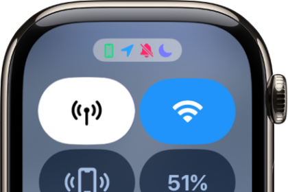 Status icons in Control Center showing iPhone connected, Location Services, Silent Mode, and Do Not Disturb.