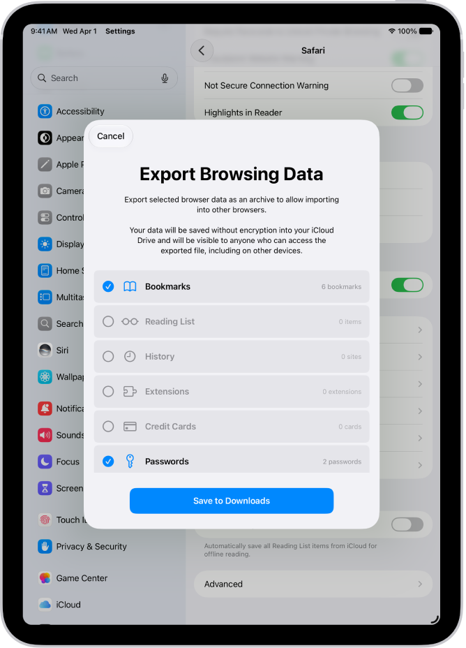 The Export Browsing Data screen, with the Passwords option selected for export to another password manager.