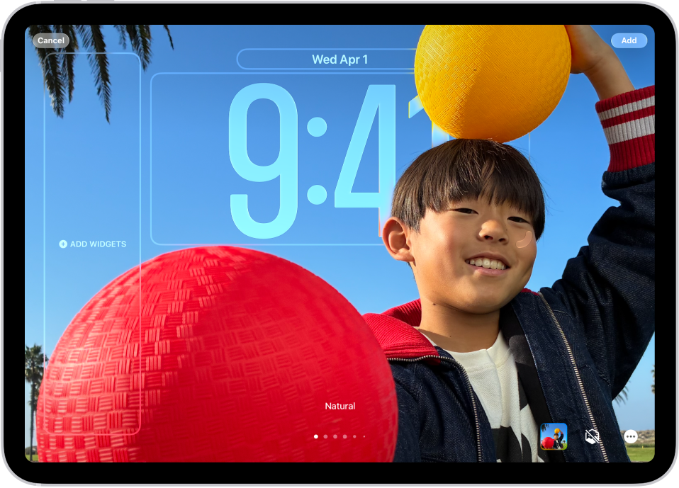 A custom Lock Screen in the process of being edited. Elements available for customization are selected—the date, the time, and a button for adding widgets.