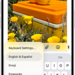The Keyboard Settings menu is open, and shows three options: English (US), Emoji, and Keyboard Feedback. At the bottom of the menu, from left to right, are buttons for left-handed layout, default layout, and right-handed layout. The default layout button is selected.