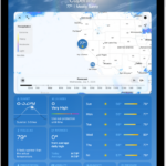 A wind map of the ocean fills the iPad screen. The Toggle Full Screen Map button and the Wind Map Overlay Scale are in the top-left corner. In the top-right corner, from top to bottom, are the Overlay Menu, Current Location, and Favorite Locations buttons. Along the bottom is a timeline.