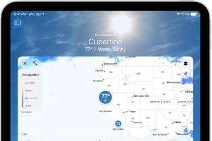 A wind map of the ocean fills the iPad screen. The Toggle Full Screen Map button and the Wind Map Overlay Scale are in the top-left corner. In the top-right corner, from top to bottom, are the Overlay Menu, Current Location, and Favorite Locations buttons. Along the bottom is a timeline.