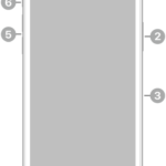 The front view of iPhone 11 Pro. The front camera is at the top center. On the right side, from top to bottom, are the side button and the SIM tray. The Lightning connector is on the bottom. On the left side, from bottom to top, are the volume buttons and the Ring/Silent switch.