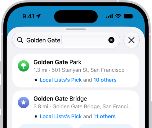 A location is entered in the Maps search field and results are listed below.