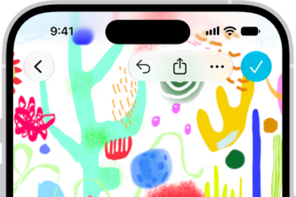An iPhone with the Freeform app and its drawing tools menu open. The board includes handwriting and drawings.