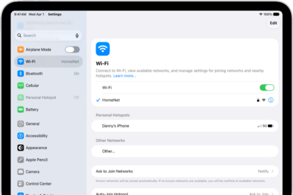 The Settings screen showing available Wi-Fi networks.