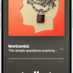 The audio player for a story in Apple News+, with playback controls and a volume slider.