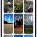 Wallpaper Suggestions is open in the Photos app. Automatically generated combinations of photos, filter effects, and clock face fonts appear in a grid of suggestions.