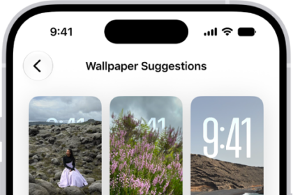 Wallpaper Suggestions is open in the Photos app. Automatically generated combinations of photos, filter effects, and clock face fonts appear in a grid of suggestions.