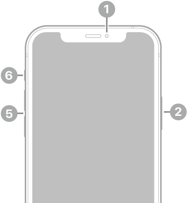 The front view of iPhone 12. The front camera is at the top center. The side button is on the right side. The Lightning connector is on the bottom. On the left side, from bottom to top, are the SIM tray, the volume buttons, and the Ring/Silent switch.