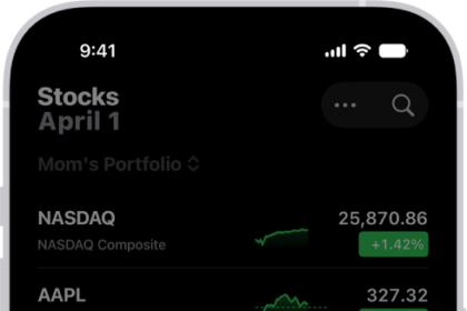 A list of customized watchlists in the Stocks app: My Symbols, Mom's Portfolio, Sustainability, and Entertainment.
