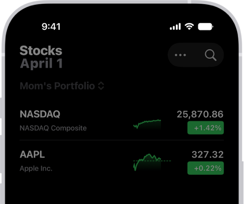 A list of customized watchlists in the Stocks app: My Symbols, Mom's Portfolio, Sustainability, and Entertainment.