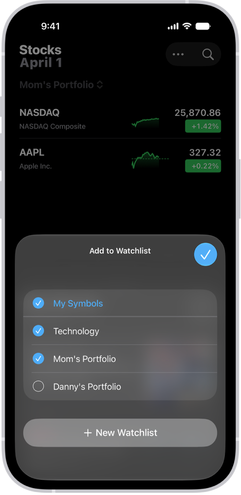 A list of customized watchlists in the Stocks app: My Symbols, Momās Portfolio, Sustainability, and Entertainment.