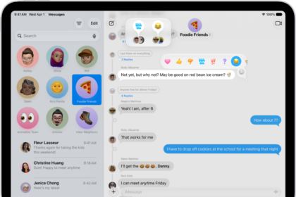 A Messages conversation with Tapbacks attributions visible near the top of the screen, and the Tapbacks menu visible above a message.