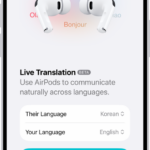 The Translate app on iPhone showing the Live Translation screen. The screen shows two pop-up menus for choosing the other person's language and your language, and a button to start Live Translation.