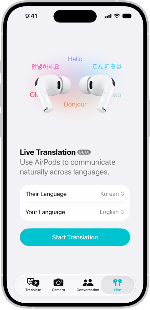 The Translate app on iPhone showing the Live Translation screen. The screen shows two pop-up menus for choosing the other person's language and your language, and a button to start Live Translation.