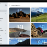 Wallpaper Suggestions is open in the Photos app. Automatically generated combinations of photos, filter effects, and clock face fonts appear as suggestions.