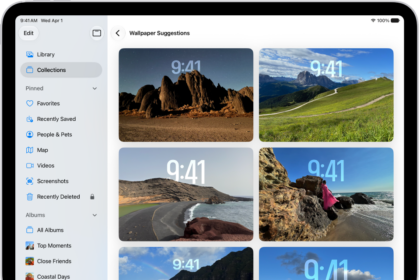 Wallpaper Suggestions is open in the Photos app. Automatically generated combinations of photos, filter effects, and clock face fonts appear as suggestions.