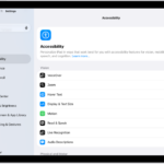 A Settings screen showing Accessibility options such as VoiceOver, Live Recognition, and Audio Descriptions.