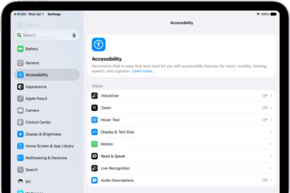 A Settings screen showing Accessibility options such as VoiceOver, Live Recognition, and Audio Descriptions.