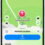 A map showing a dropped pin in a park. Below it, buttons to get directions to the pin, download its surrounding area, or move it appear.