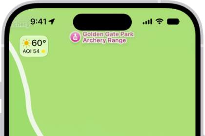 A map showing a dropped pin in a park. Below it, buttons to get directions to the pin, download its surrounding area, or move it appear.